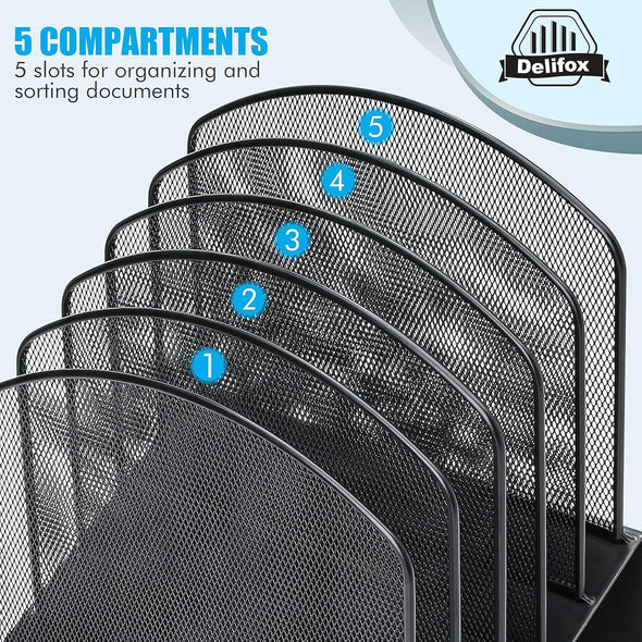 Inclined Desk File Organizer, 5-Section Vertical File Folder Holder Stand Metal Rack File Sorter for Office Classroom Desktop Organization (Black, 1Pack)