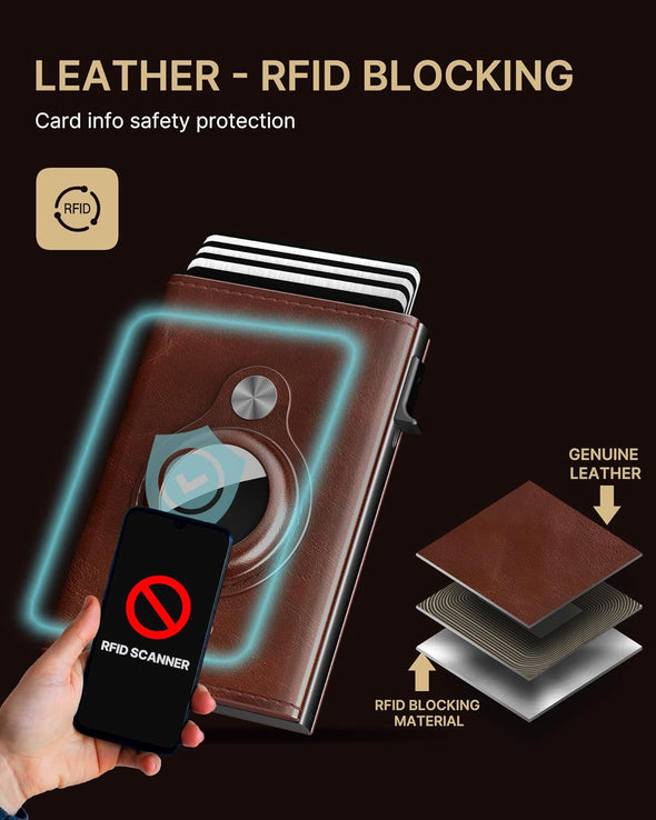 Mens Wallet Card Holder for Airtag: Leather Smart Wallet for Men Compatible with Apple Air Tag, RFID Blocking, Slim, Minimalist - 9-14 Card Capacity | ID Window | Cash Slot (Brown)