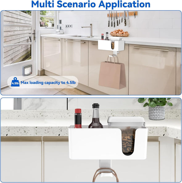 KDD 4-In-1 Desk Organizer - under Desk Cup Holder and Headphone Hanger with 2 Wire Holes - Rotating Hanger and Detachable Storage for Cup, Phone and Pen (White)