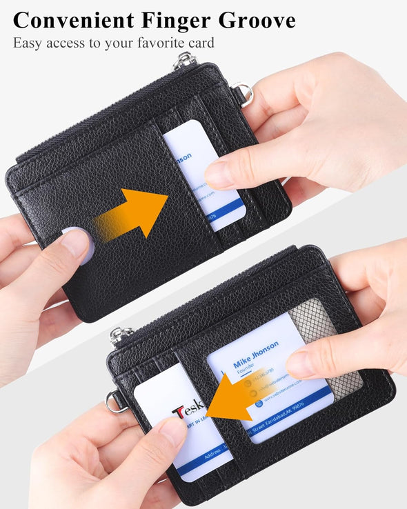 Teskyer Slim Wallet for Men Women, 8 Card Slots & 1 Zip Pocket, Small Credit Card Holder, RFID Travel Wallet with Gift Box - Lichee Black