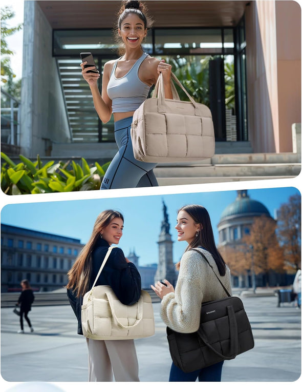 BAGSMART Gym Bag for Women, 29L Puffer Travel Duffle Bag for Travel with Laptop Compartment, Weekender Bags for Women, Carry on Duffel Bag Personal Item Bag, Camel
