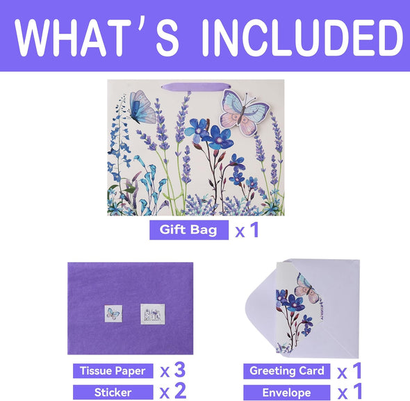 16.5" Extra Large Purple Gift Bag Set with Greeting Card and Tissue Papers (Lavender and 3D Butterfly) for Women'S Birthday Party, Girls' or Kids', Mothers' Day, Wedding, Valentine'S Day