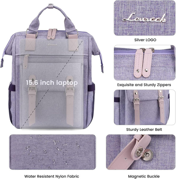 backpack computer travel waist strap LOVEVOOK Lona II Laptop Backpack 15.6" 17.3" with 22 Pockets and Water-Resistant Polyester, Light Purple / 15.6"-Laptop Compartment