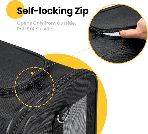 Cat Carrier Airline Approved, Soft-Sided Dog Carrier with Inner Safety Leash, Pet Transport Carrier for Small-Medium Cats Puppies up to 15 Lbs, Collapsible Travel Kitten Carrier Bag -Blackm