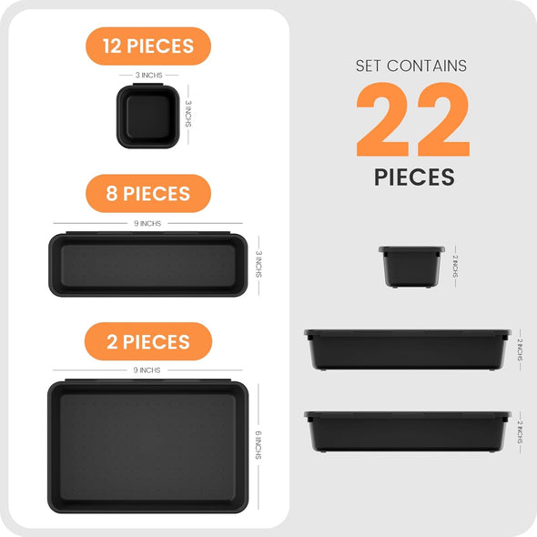 A-Lugei 【𝟮𝟮𝗣𝗖𝗦】 Plastic Black Desk Drawer Organizer, Bathroom Organizers and Storage, Makeup Organizer, Organization and Storage Bin Container for Vanity Office Utensils Tool Pantry Cosmetic