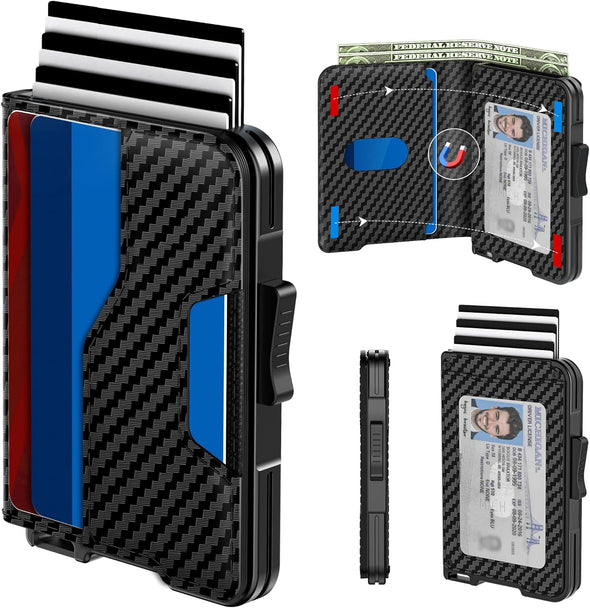 Wallet for Men - Pop up Case, Cash Slot, and Credit Card Wallet - Slim Minimalist Aluminum Front Pocket Wallet with RFID Blocking/Id Window (Carbon Fiber)