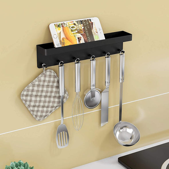 MKO Key Holder Wall Mount, Key Holder Wall Mount Adhesive with Mail Organizer Tray with 6 Key Hooks for Wall, Black