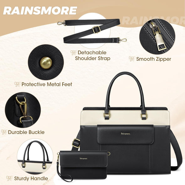 RAINSMORE Laptop Bag for Women 15.6 Inch Leather Laptop Tote Bag Large Computer Bags Waterproof Business Office Work Bags Briefcase with Satchel Purse 2Pcs Set, Black