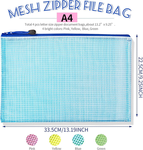 LEOBRO Mesh Zipper Pouch Bags, 13.2"X 9.2" Zipper Pouch, 4 Pcs Mesh Bags with Zipper, Storage Bags Pouch for Organization Toy Puzzles Board Game Travel, File Jackets & File Pockets