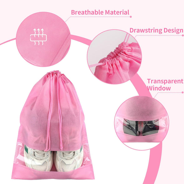 Pink Travel Shoe Bags - 5 Pcs Non-Woven Drawstring Packing Bags with Clear Window (15.7" X 11.8")