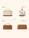 Telena Makeup Bag Large Capacity Travel Cosmetic Bag Portable PU Leather Water Resistant Makeup Organizer Bags for Women with Handle and Divider Open Flat Beige with Brown