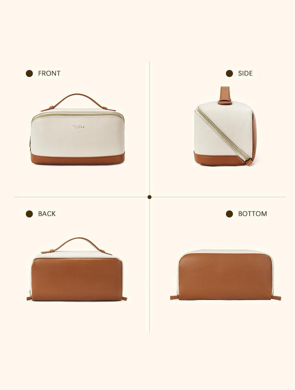 Telena Makeup Bag Large Capacity Travel Cosmetic Bag Portable PU Leather Water Resistant Makeup Organizer Bags for Women with Handle and Divider Open Flat Beige with Brown