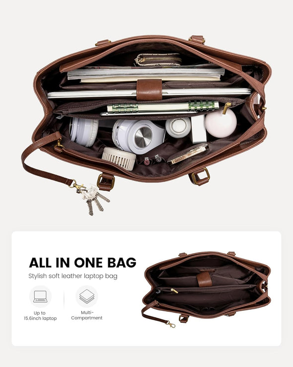 LOVEVOOK Laptop Bag for Women,15.6 Inch Laptop Tote Bag for Women,Vintage Leather Work Tote Bags Computer Business Teacher Bag,Waterproof Office Briefcase
