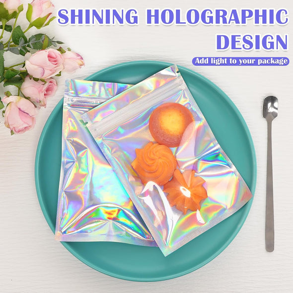 100 Pcs Mylar Bags, Smell Proof Bags with Clear Window, Resealable Holographic Bags for Snack, Cookie, Jewelry, Candy, Sealable Bag for Packaging, Mothers Day Gifts（2.4X3.9In）
