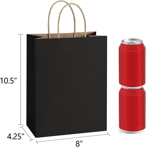 Bagdream 50Pcs Gift Bags 8X4.25X10.5 Inches Kraft Paper Gift Bags with Handles Bulk for Shopping, Wedding, Party Favor, Merchandise, Retail, Black Paper Sacks