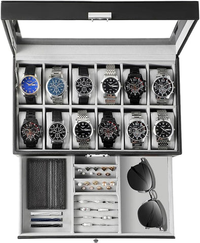 GUKA Watch Box 12 Slot Watch Display Organizer Leather Jewelry Case Drawer Glass Birthday for Men Women, Child Husband Dad