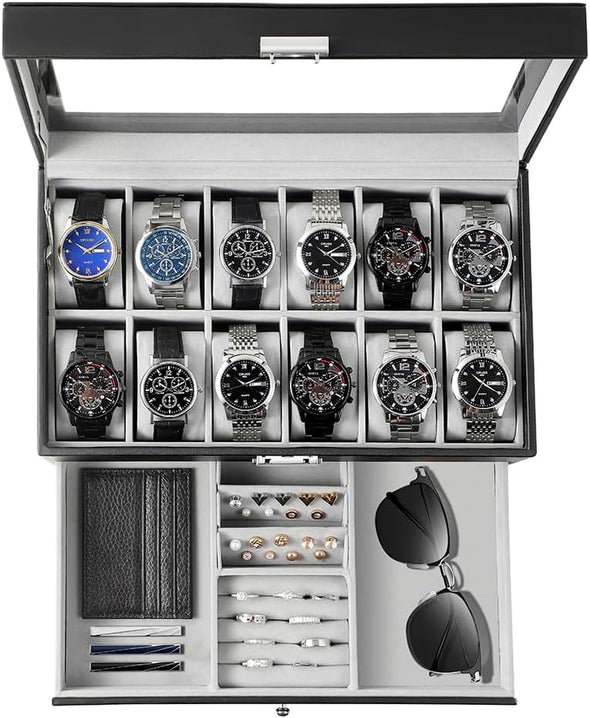 GUKA Watch Box 12 Slot Watch Display Organizer Leather Jewelry Case Drawer Glass Birthday for Men Women, Child Husband Dad