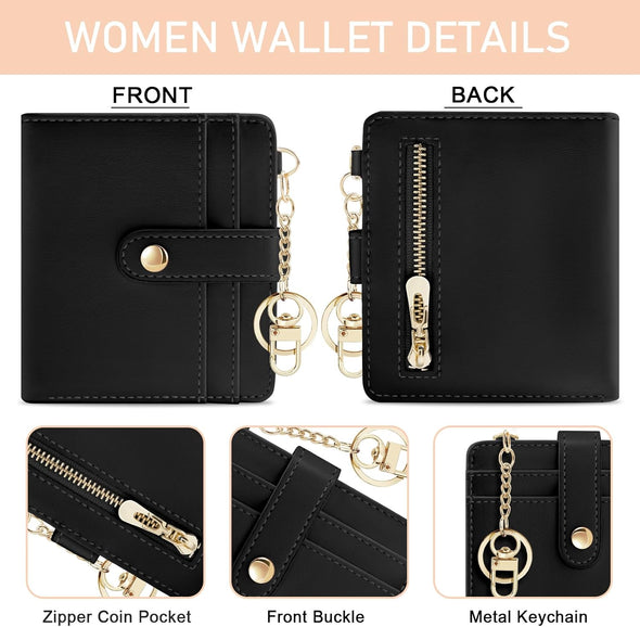 Black Rfid Ladies Wallet, Small Slim Thin Compact Credit Card Women Wallet, PU Leather Bifold Cash Zipper Coin Pocket ID Window for Female