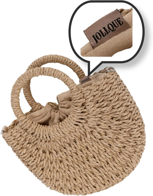 JOLLQUE Straw Beach Bag for Women, Summer Handwoven Tote Bags Purse with Tassel,Top Handle Straw Handbag Clutch