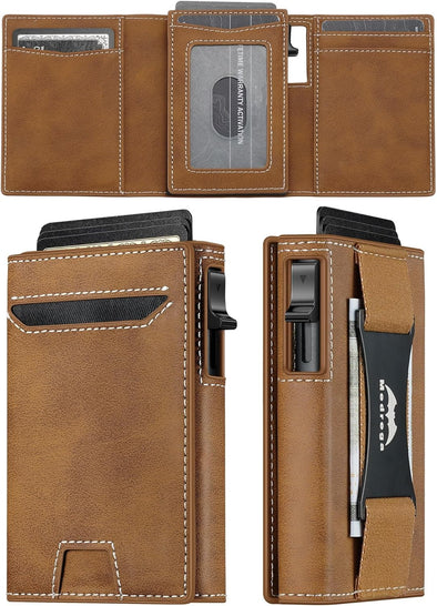 Leather Wallet for Men Slim Minimalist: Smart Pop up Wallet with Cash Strap - RFID Front Pocket Trifold Credit Card Holder - Gift for Man Husband at Anniversay Brithday
