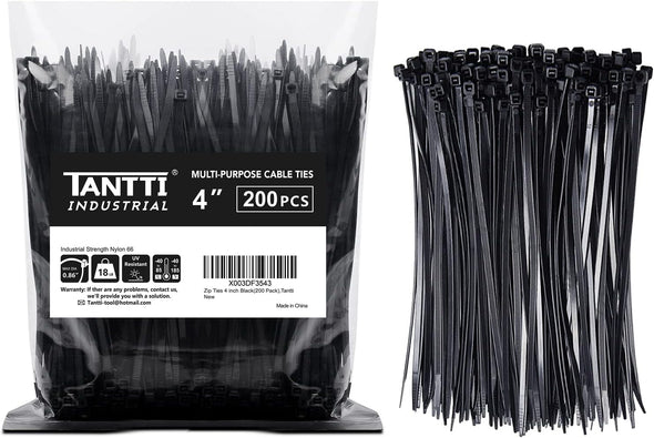 Zip Ties 4 Inch (200 Pack), Small Zip Ties with 18 Lb Tensile Strength, Black, by Tantti Supply