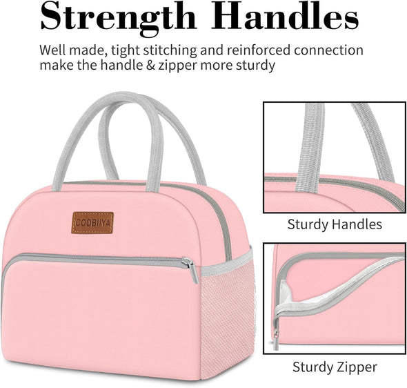 Coobiiya Lunch Bag for Women Men, Insulated Reusable Picnic Bag, 10.8"L X 6.3"W X 8.85"H, Pink