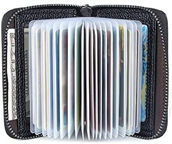 Genuine Leather Credit Card Holder Wallet RFID Blocking Secure Card Case ID Case Organizer Zipper Wallet (A-Classic Black)