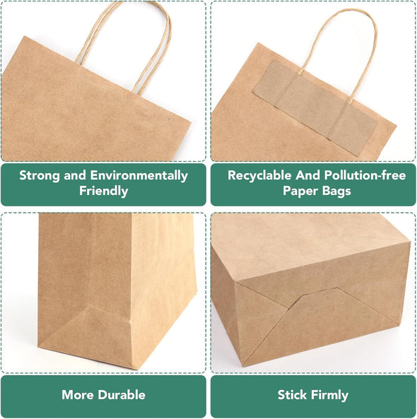 XPCARE 100Pack Brown Paper Bags 8X4.5X10 Inch, Plain Medium Paper Bags with Handles Bulk, Kraft Paper Gift Bag, Retail, Party, Shopping, Favor Bag