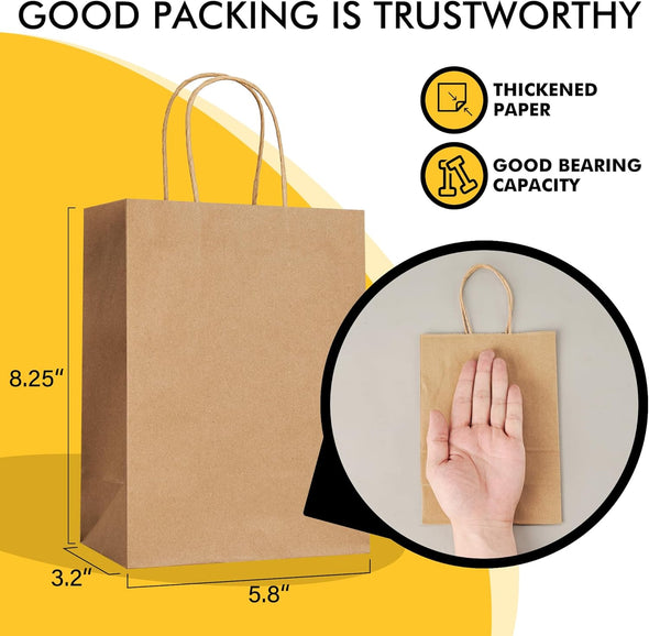 100 Pack 5.8X3.2X8.25 Inch Brown Kraft Paper Gift Bags with Handles - Bulk Small Plain Natural Bags for Birthday Party Favors, Grocery, Retail Shopping, Wedding, Craft, Goody, Takeouts, and Business