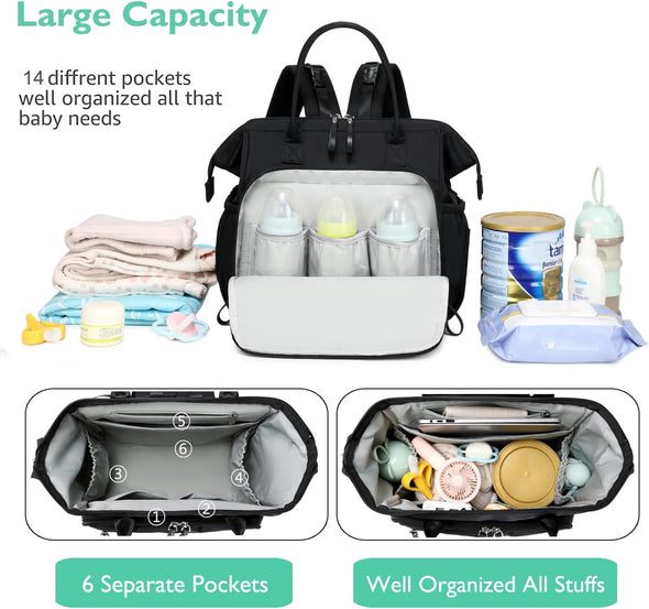 Convertible Diaper Bag Tote, Wide Open Top 14 Pockets Nappy Backpack with Stroller Buckle, Water-Resistant (Black)