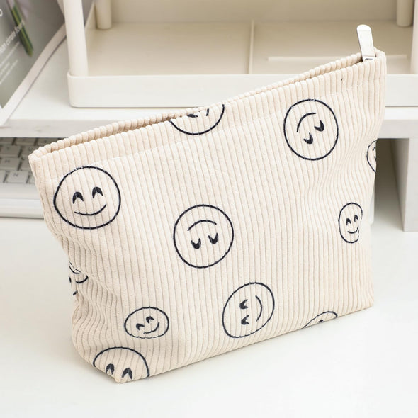 Cosmetic Bag Makeup Bag Preppy Cute Corduroy Toiletry Bag for Women Travel Essentials (Full Beige)