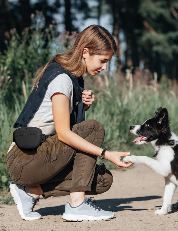 heouvo Magnetic Silicone Dog Treat Pouch with Training Clicker & Waist Belt for Pet Training Walking, Black