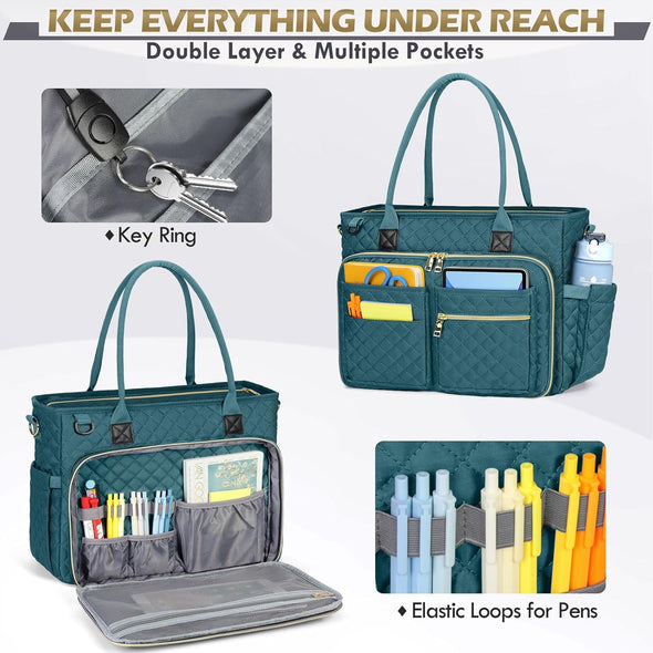 RAINSMORE Teacher Tote Bag 15.6 Inch Laptop Bag for Women Work Bags Laptop Tote Nurse Bag Professional Computer Messenger with Insulated Pocket, Laptop Briefcase for Office, College, Nursing, Teal
