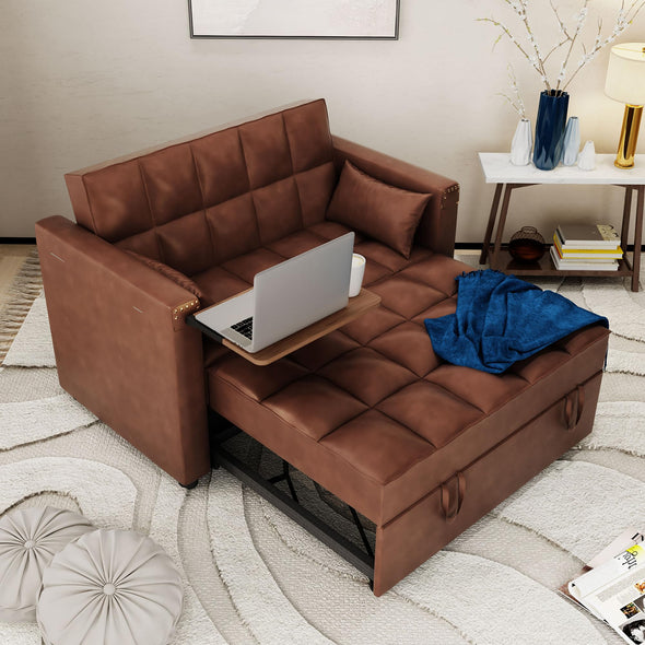 ORRD 3-in-1Faux Leather Sofa Bed with Adjustable Backrest and Hidden Side Table for Living Room 48''