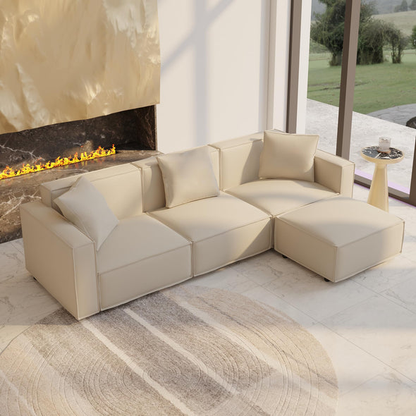 Acanva Luxury Modular Leather Sectional Sofa Set with Ottoman and Chaise, L-Shape, Cream