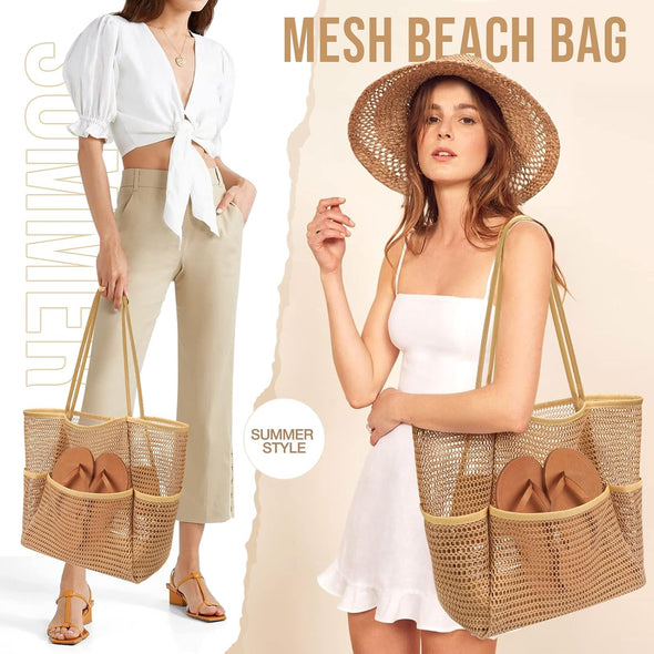 KPX Beach Bag with Mini Pocket, Beach Tote Bags for Women Large Foldable Mesh Swimming Pool Travel Bags - Sandproof