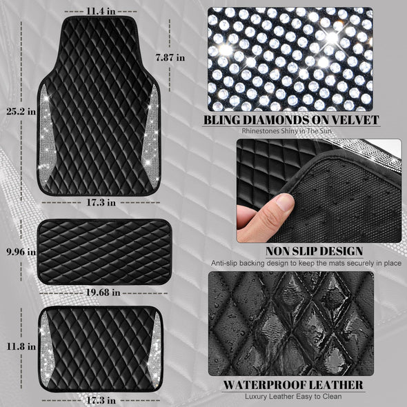 CAR PASS Leather Car Mats, Shining Diamond Anti Slip Floor Mats for Women, 5pcs Black Silver