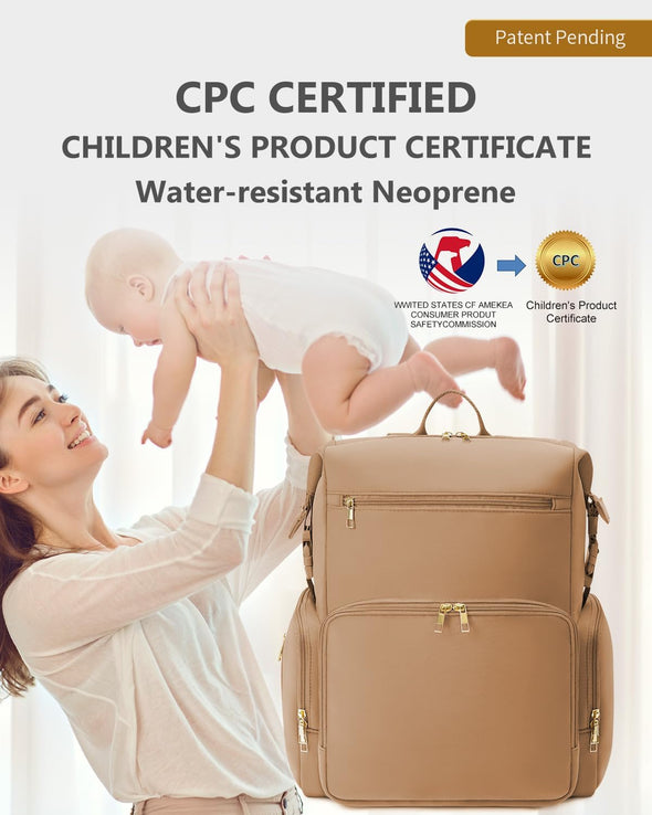 CEI-CEI Neoprene Diaper Bag Backpack Waterproof Baby Changing Bags for Mom and Dad with Changing Pad Large Travel Maternity Tote with Insulated Pockets and Organised Compartments (Oat)