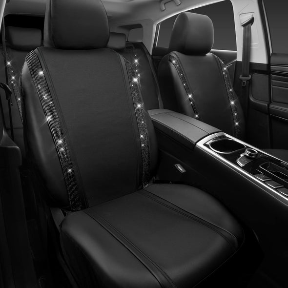 CAR PASS Car Rhinestone Leather Seat Covers Full Set, Rear with Zipper Universal for Cute Women - Black
