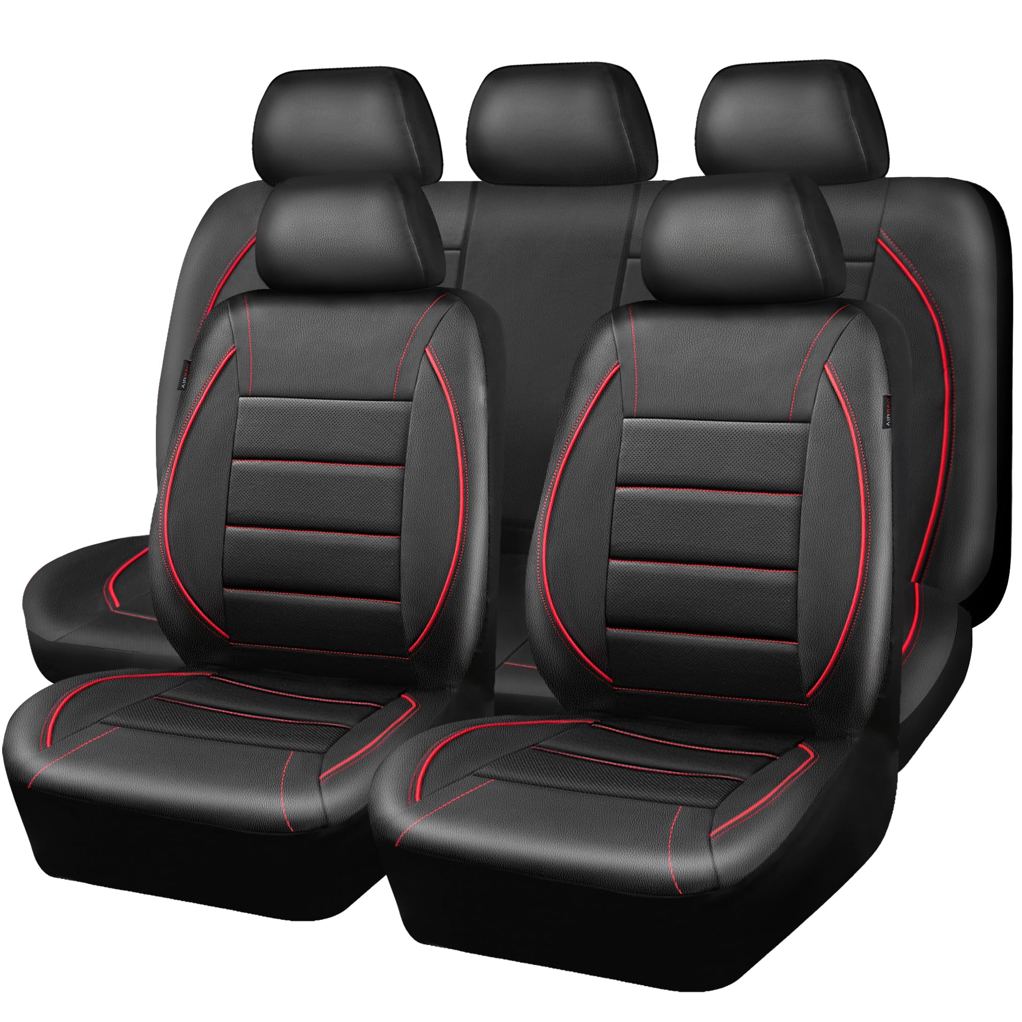 BDK Front & Bench Fabric Car Seat Covers + PU Leather Steering Wheel Cover – Black/Red