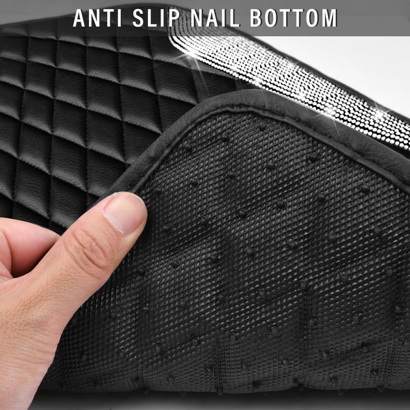 CAR PASS Leather Car Mats, Shining Diamond Anti Slip Floor Mats for Women, 5pcs Black Silver
