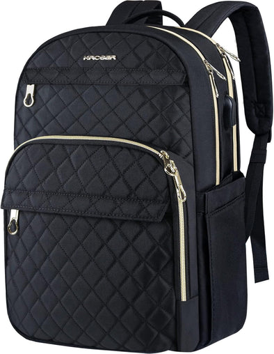 KROSER Laptop Backpack 15.6 Inch Stylish Daypack with USB Charging Port, Water-Repellent Nylon Backpack Backpack for Travel/Business/Women/Black