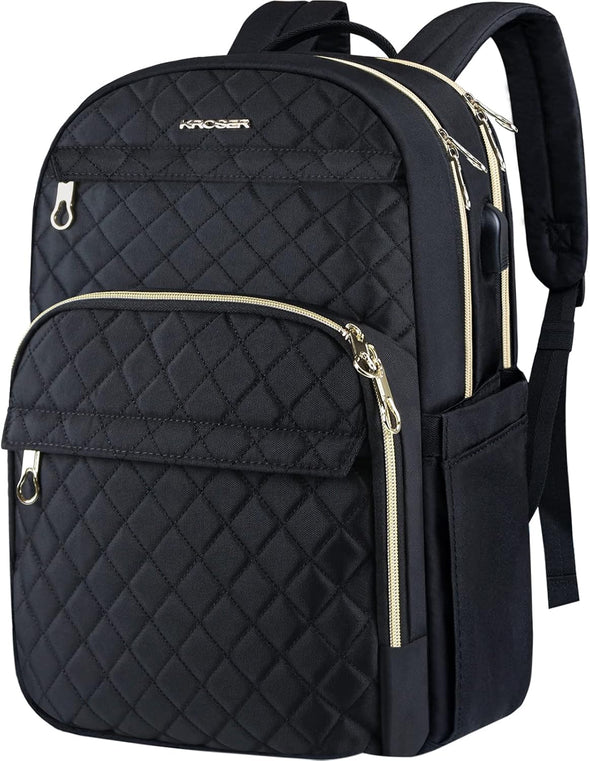 KROSER Laptop Backpack 15.6 Inch Stylish Daypack with USB Charging Port, Water-Repellent Nylon Backpack Backpack for Travel/Business/Women/Black