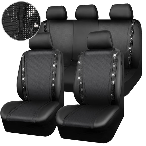 CAR PASS Car Rhinestone Leather Seat Covers Full Set, Rear with Zipper Universal for Cute Women - Black
