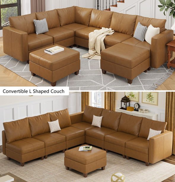 EASE MOOSE Modular Faux Leather Sectional Sofa with Storage, U Shaped - Brown