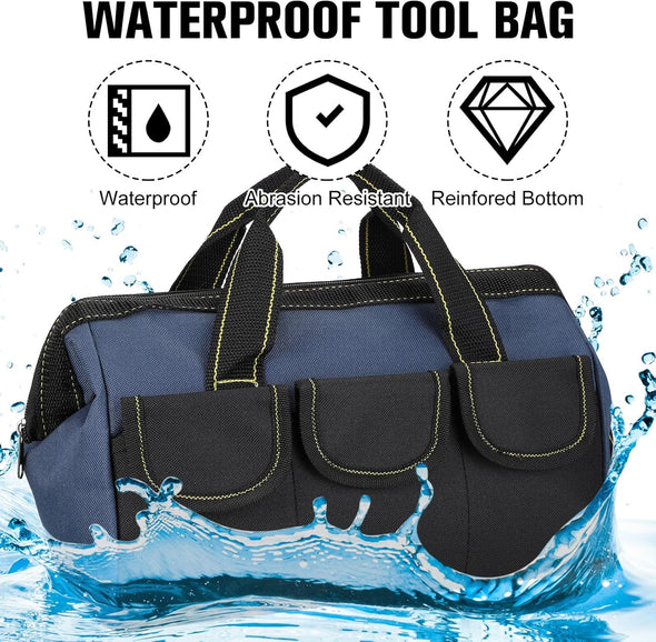 Sanwuta 3 Pack Tool Bag for Men with Waterproof Hard Bottom, Heavy Duty Tool Bag Wide Mouth Tote for Various Instrument, Electrician Carpenter Mechanic(13 Inch,Blue, Red, Yellow)
