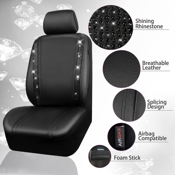 CAR PASS Car Rhinestone Leather Seat Covers Full Set, Rear with Zipper Universal for Cute Women - Black