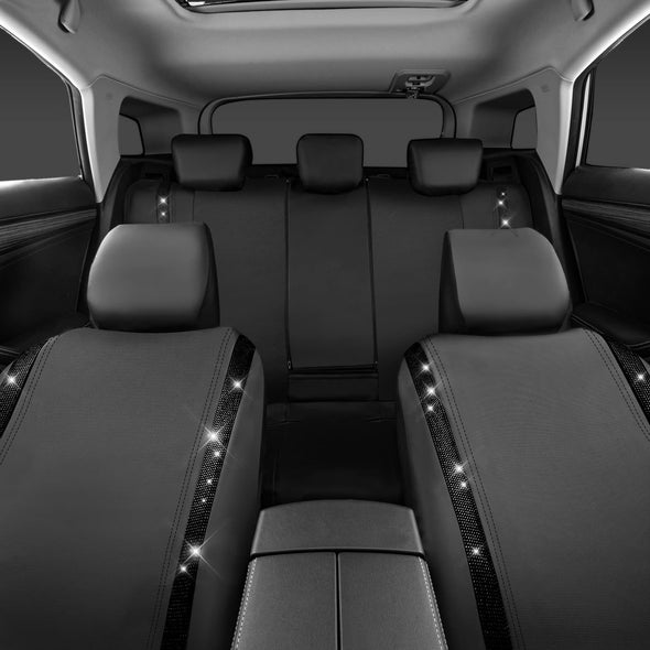 CAR PASS Car Rhinestone Leather Seat Covers Full Set, Rear with Zipper Universal for Cute Women - Black