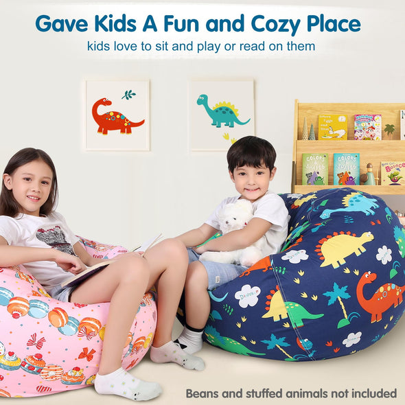 Lukeight Stuffed Storage Bean Bag Chair Cover for Kids, Dinosaur Zipper Beanbag Chair Cover