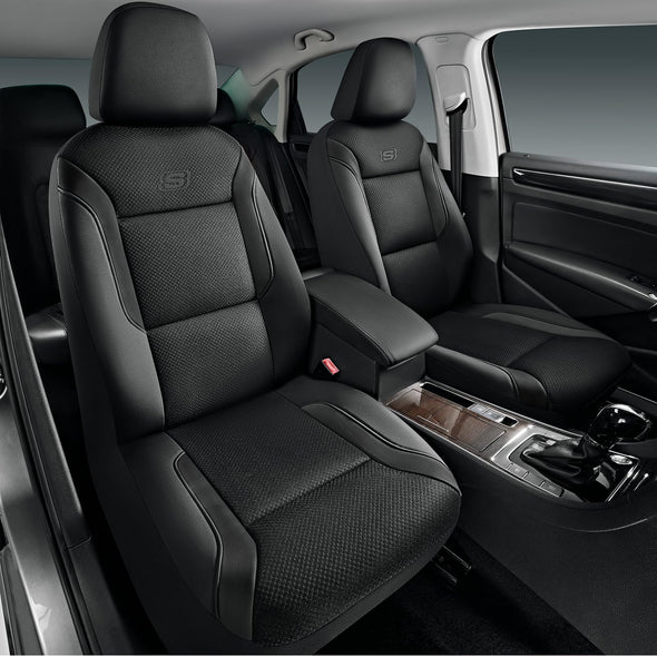 Skechers Memory Foam Leather Car Seat Covers, Cool Mesh Thick Seat Covers, Airbag Compatible, Full Protection -  Black